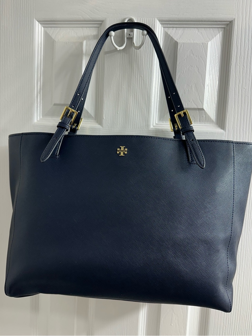 Tory Burch York Buckle Saffiano Leather Tote, Shoulder Bag Purse Navy Blue